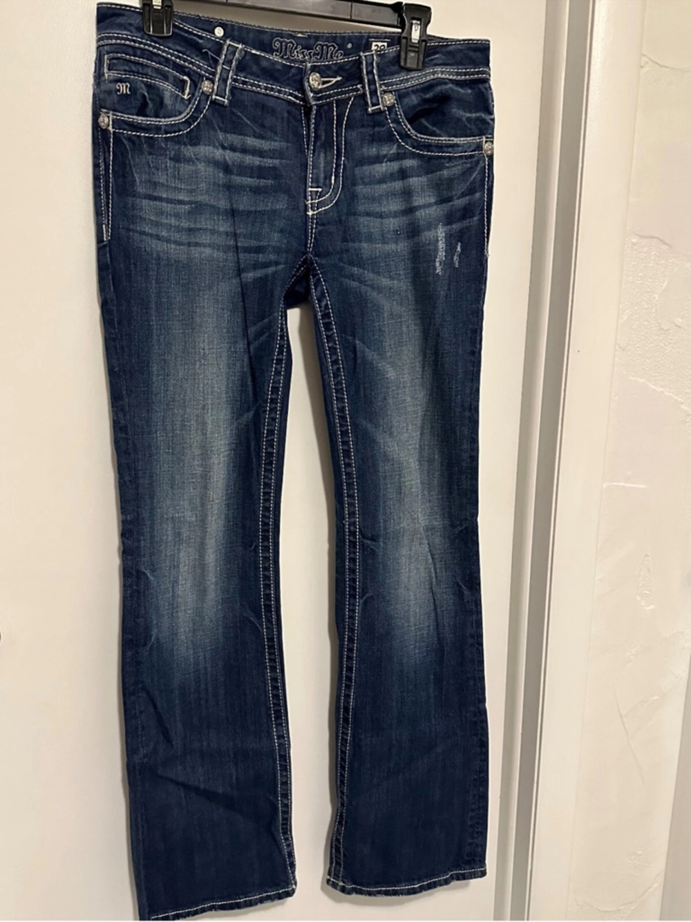 Miss Me Dark Blue Flare Jeans with Contrast Stitching